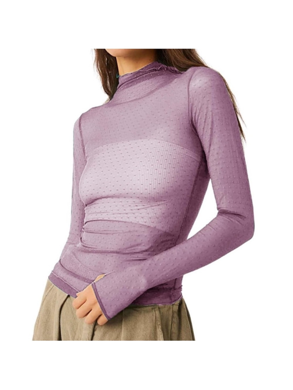 Purple Sheer Mesh Fitted Long Sleeve Tee Shirt